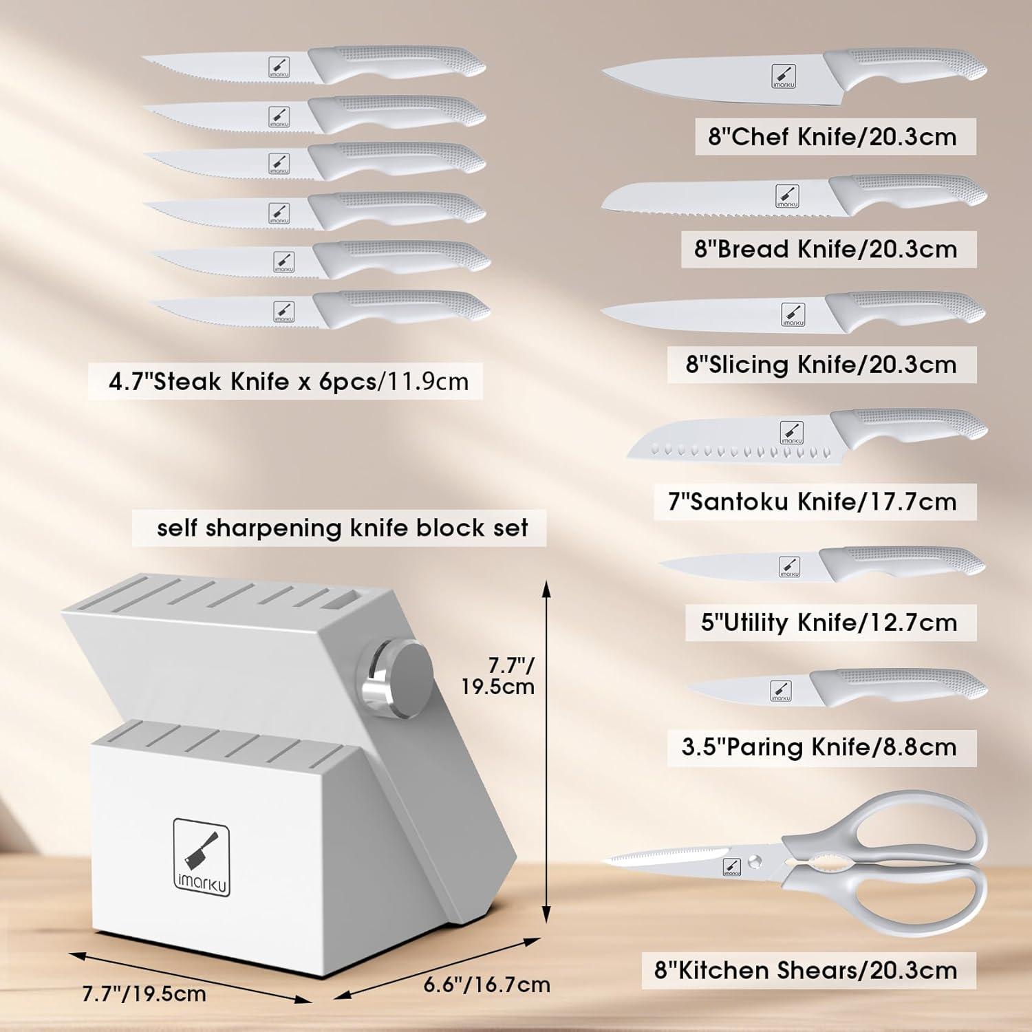 image:imageimarku 14Piece Kitchen Knife Set with Block and Sharpener Professional Stainless Steel with NonSlip Ergonomic Handle Dishwasher Safe Home Essential GrayWhite