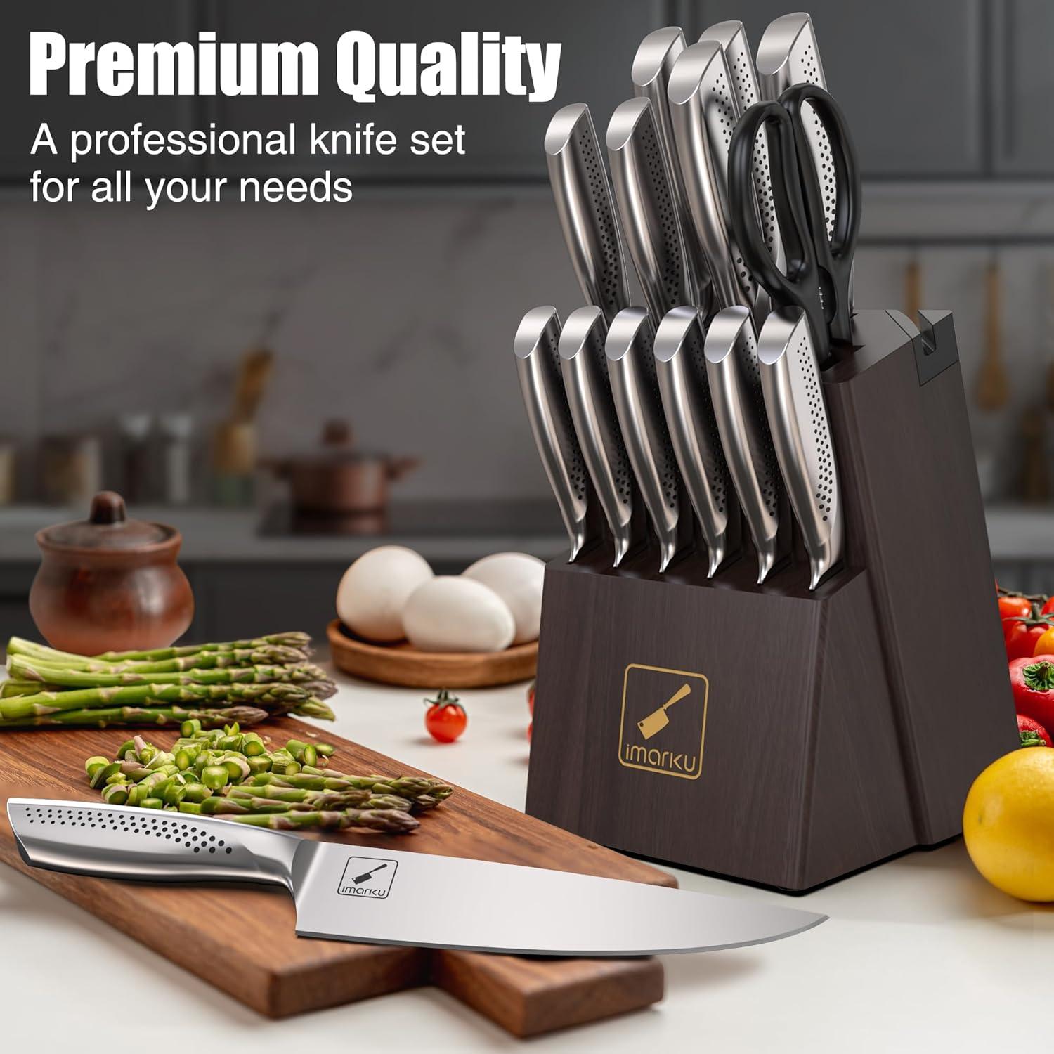 image:imageimarku Knife Set 15Pieces HC Stainless Steel Kitchen Knife Set With Built in Knife Sharpener RazorSharp Blade Knife Block Set With NonSlip Handle Dishwasher Safe Best Birthday Gifts
