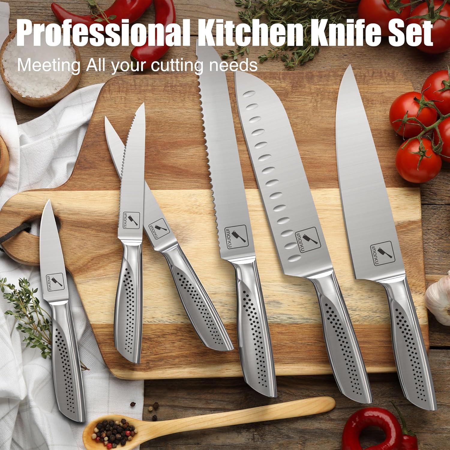 image:imageimarku Knife Set 15Pieces HC Stainless Steel Kitchen Knife Set With Built in Knife Sharpener RazorSharp Blade Knife Block Set With NonSlip Handle Dishwasher Safe Best Birthday Gifts