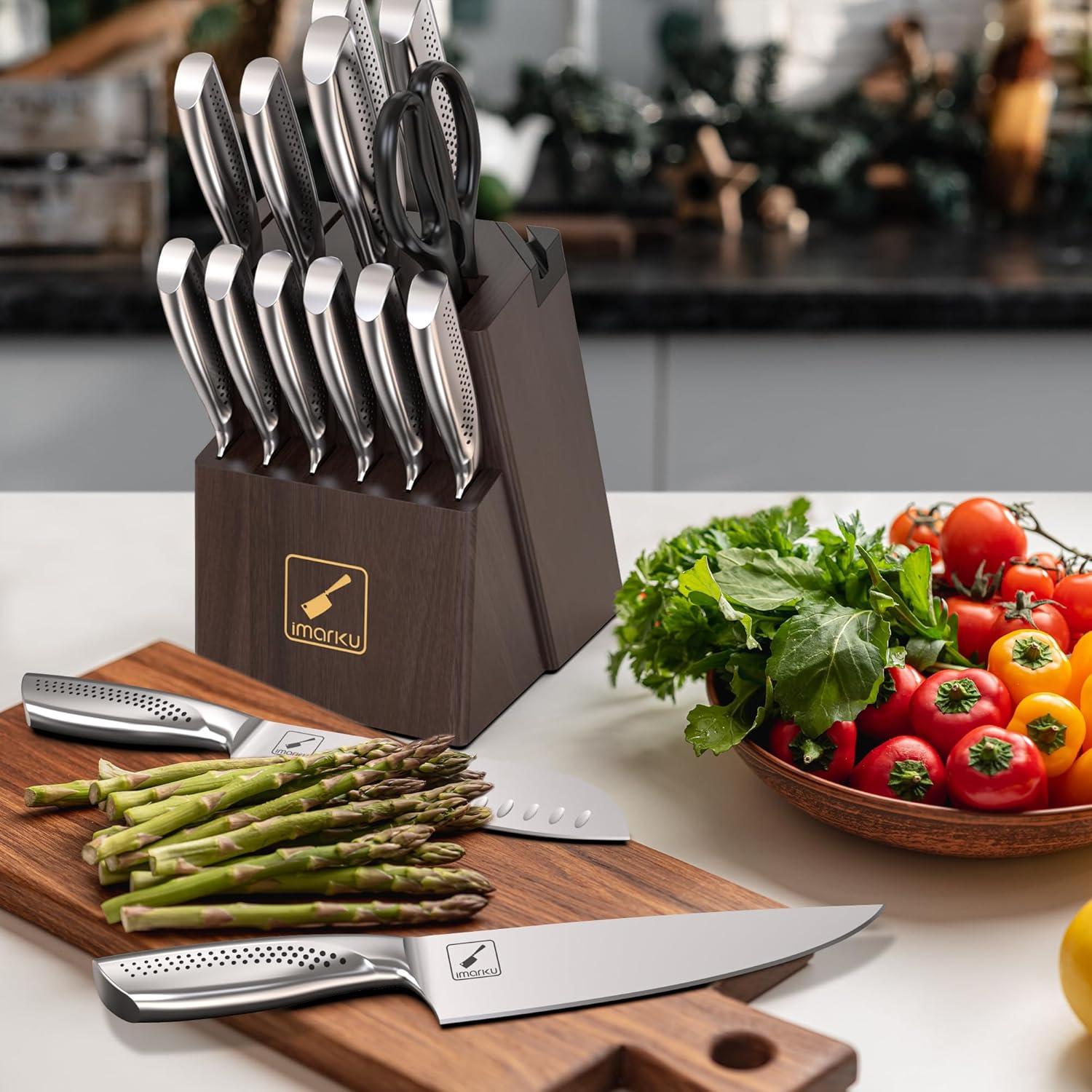 image:imageimarku Knife Set 15Pieces HC Stainless Steel Kitchen Knife Set With Built in Knife Sharpener RazorSharp Blade Knife Block Set With NonSlip Handle Dishwasher Safe Best Birthday Gifts