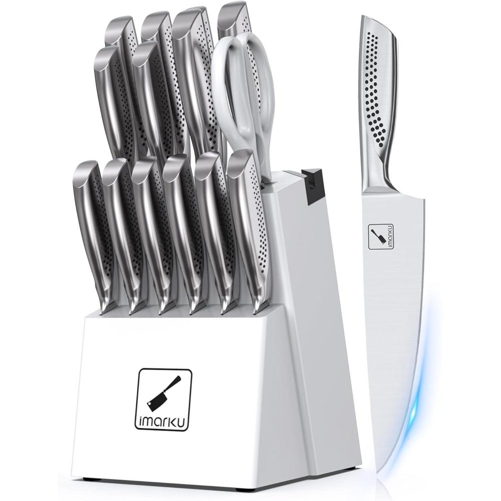 image:imageKnife Sets for Kitchen with Block imarku G14 Japanese Knife Set Stainless Steel Kitchen 14pcs Builtin Sharpener Sharp Knives with Nonslip Ergonomic Handle Dishwasher Safe Home Essential GiftsLight White