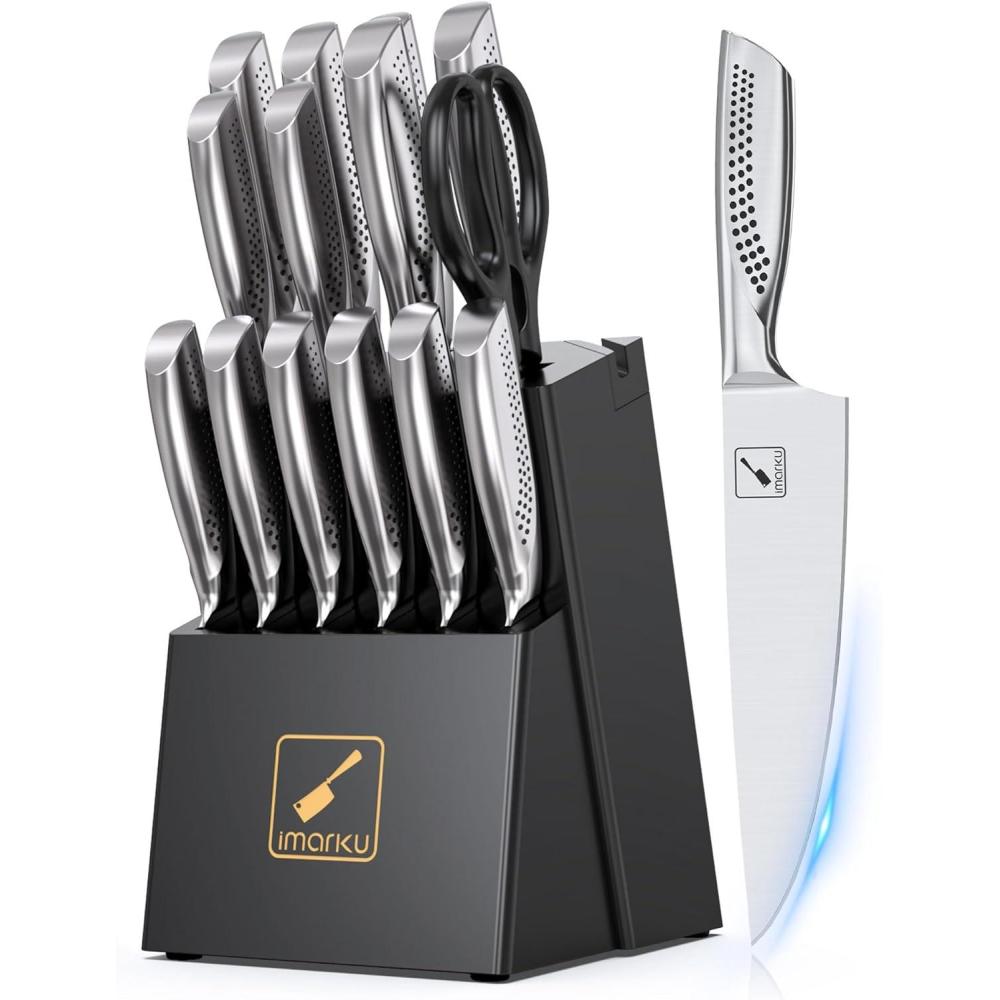 image:imageKnife Sets for Kitchen with Block imarku G14 Japanese Knife Set Stainless Steel Kitchen 14pcs Builtin Sharpener Sharp Knives with Nonslip Ergonomic Handle Dishwasher Safe Home Essential GiftsLight Black