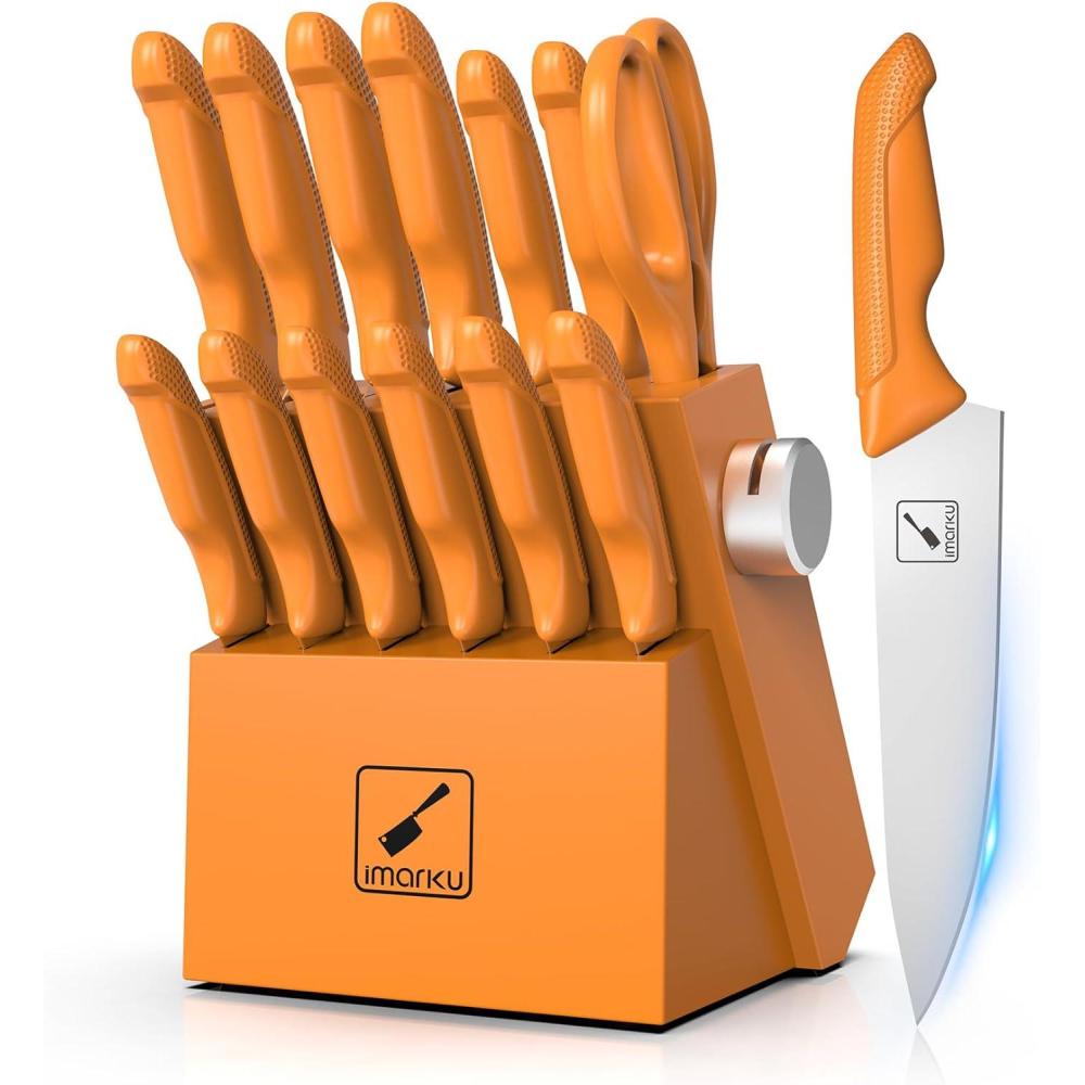 image:imageKnife Sets for Kitchen with Block imarku G14 Japanese Knife Set Stainless Steel Kitchen 14pcs Builtin Sharpener Sharp Knives with Nonslip Ergonomic Handle Dishwasher Safe Home Essential GiftsOrange