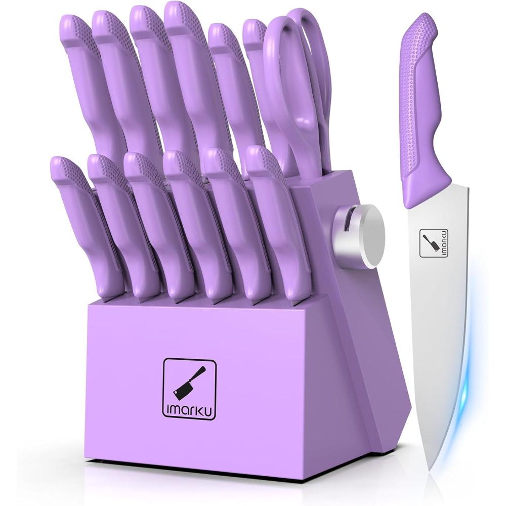 image:imageKnife Sets for Kitchen with Block imarku G14 Japanese Knife Set Stainless Steel Kitchen 14pcs Builtin Sharpener Sharp Knives with Nonslip Ergonomic Handle Dishwasher Safe Home Essential GiftsPurple