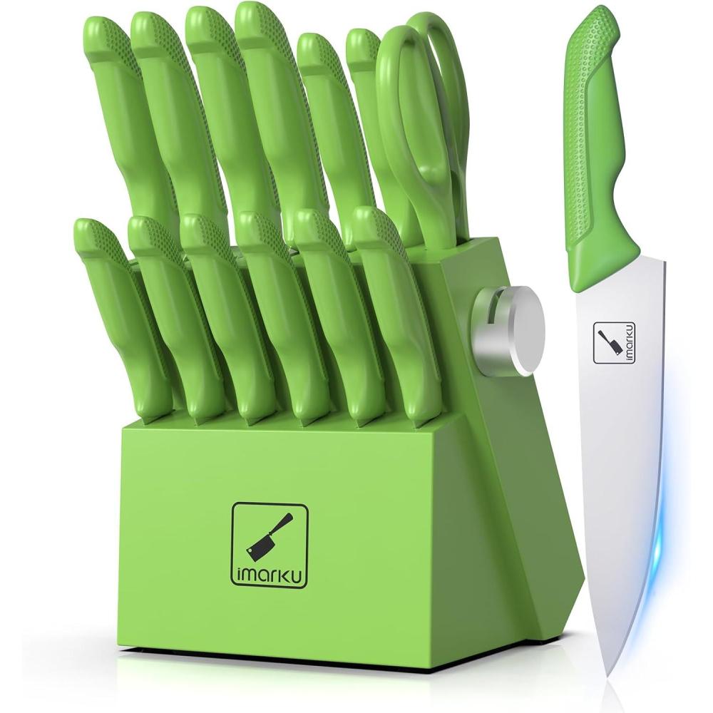 image:imageKnife Sets for Kitchen with Block imarku G14 Japanese Knife Set Stainless Steel Kitchen 14pcs Builtin Sharpener Sharp Knives with Nonslip Ergonomic Handle Dishwasher Safe Home Essential GiftsGreen