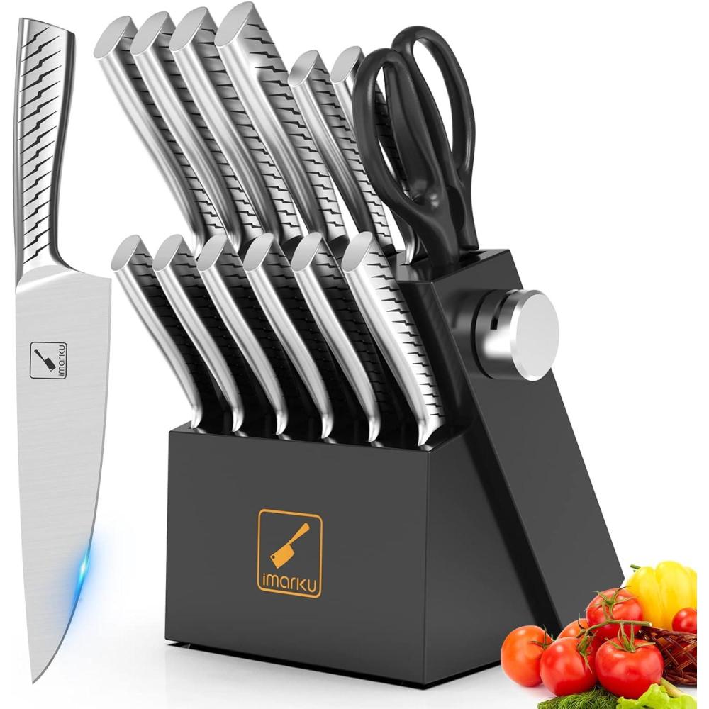 image:imageKnife Sets for Kitchen with Block imarku G14 Japanese Knife Set Stainless Steel Kitchen 14pcs Builtin Sharpener Sharp Knives with Nonslip Ergonomic Handle Dishwasher Safe Home Essential GiftsSilver Black