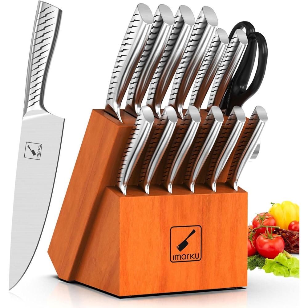 image:imageKnife Sets for Kitchen with Block imarku G14 Japanese Knife Set Stainless Steel Kitchen 14pcs Builtin Sharpener Sharp Knives with Nonslip Ergonomic Handle Dishwasher Safe Home Essential GiftsSilverBrown
