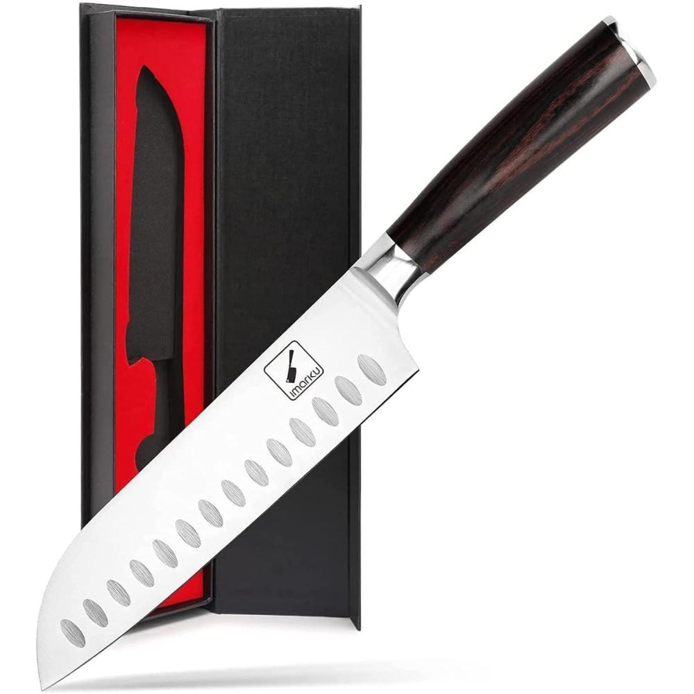 image:imageimarku Damascus Chef Knife Ultra Sharp Japanese Santoku Knife 7 Inch Professional Grade Powder Steel Forged Damascus Kitchen Knife Pakka Wood Ergonomic Handle Gifts for Women and MenABrown