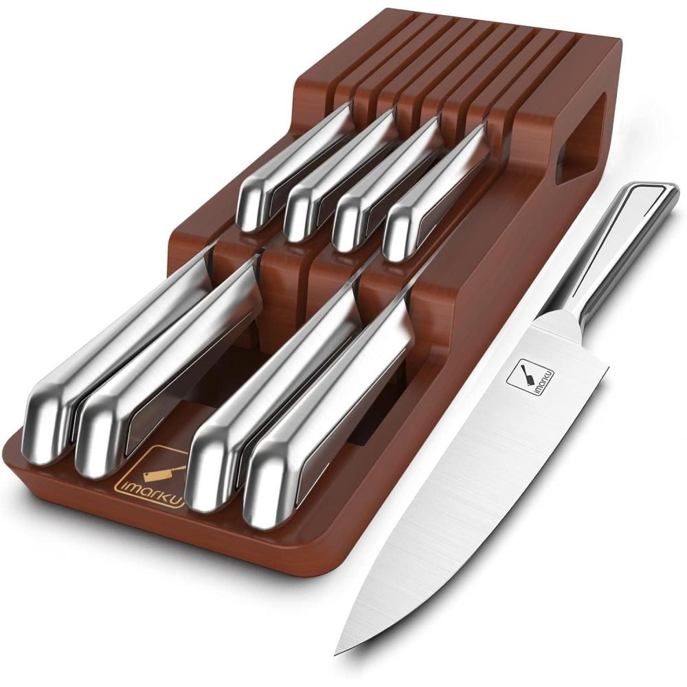 image:imageimarku Kitchen Knife Set 14 Piece Premium Knife Block Set Dishwasher Safe Knives Set for Kitchen Razor Sharp Japanese Knife Set with Builtin Sharpener Ergonomic Handle BrownCherry Red