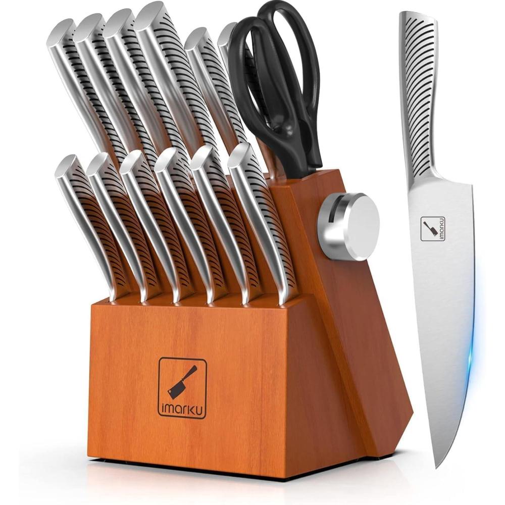image:imageimarku Kitchen Knife Set 14 Piece Premium Knife Block Set Dishwasher Safe Knives Set for Kitchen Razor Sharp Japanese Knife Set with Builtin Sharpener Ergonomic Handle BrownBrown