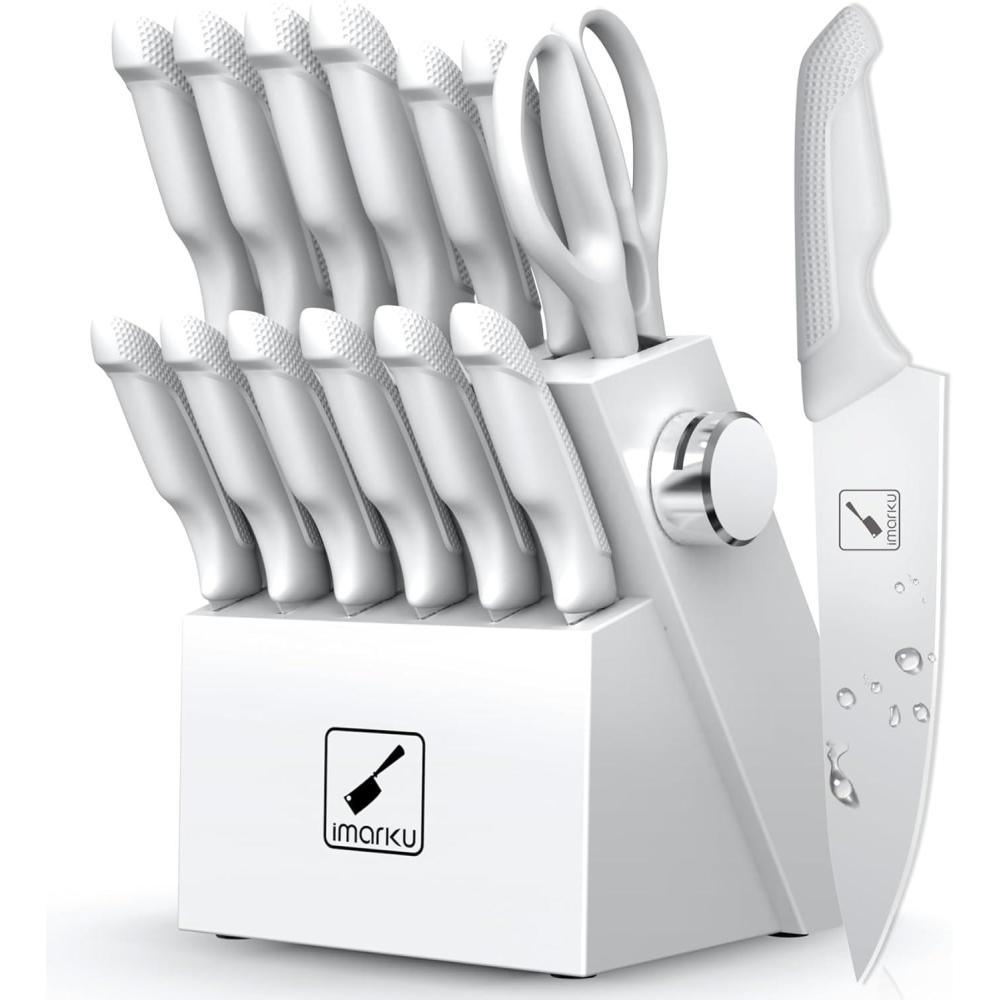image:imageimarku Knife Block Set 14Pcs High Carbon Stainless Steel Knife Set with Block Kitchen Knife Set Black Dishwasher Safe Buildin SharpenerGrayish White