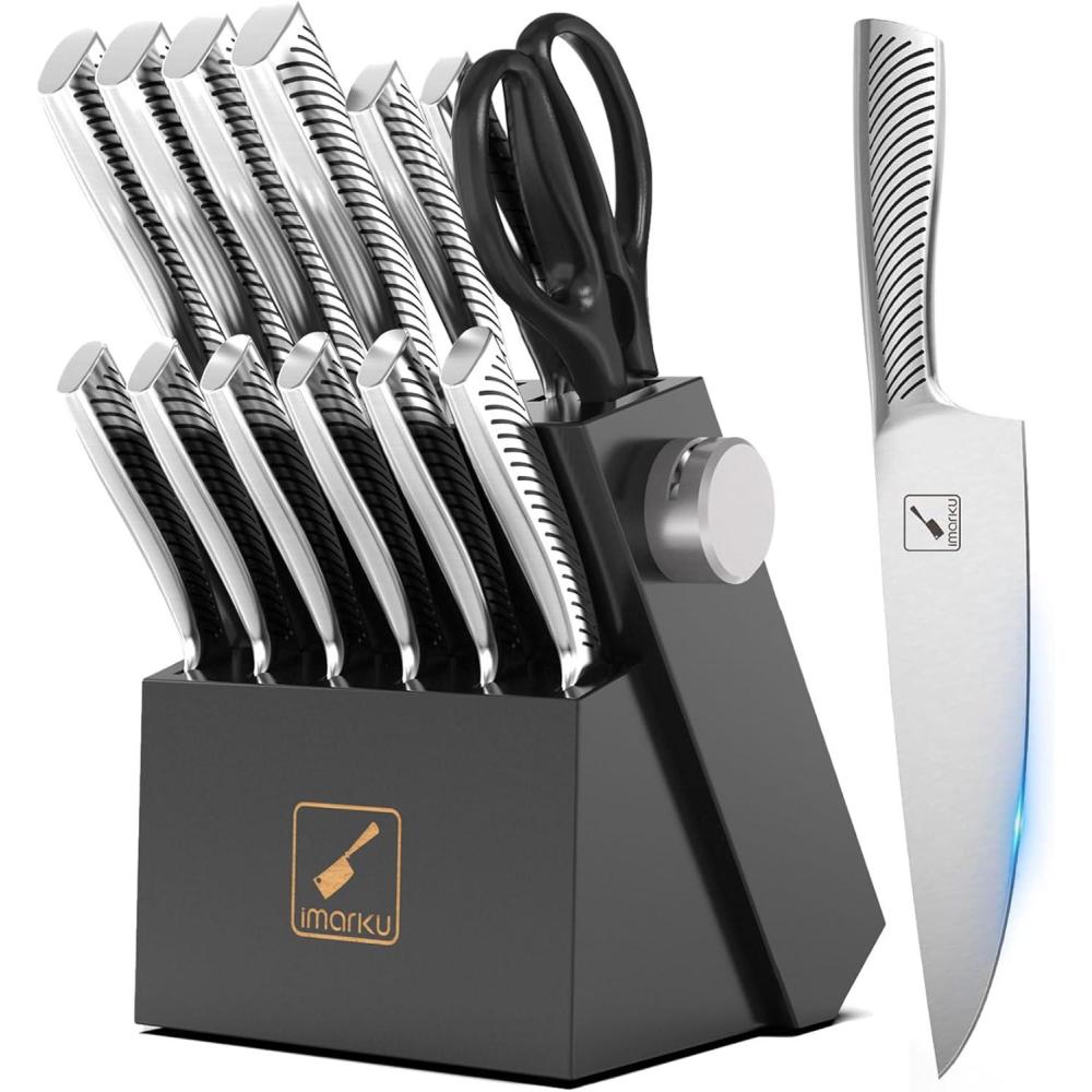 image:imageimarku Knife Block Set 14Pcs High Carbon Stainless Steel Knife Set with Block Kitchen Knife Set Black Dishwasher Safe Buildin SharpenerPure Black