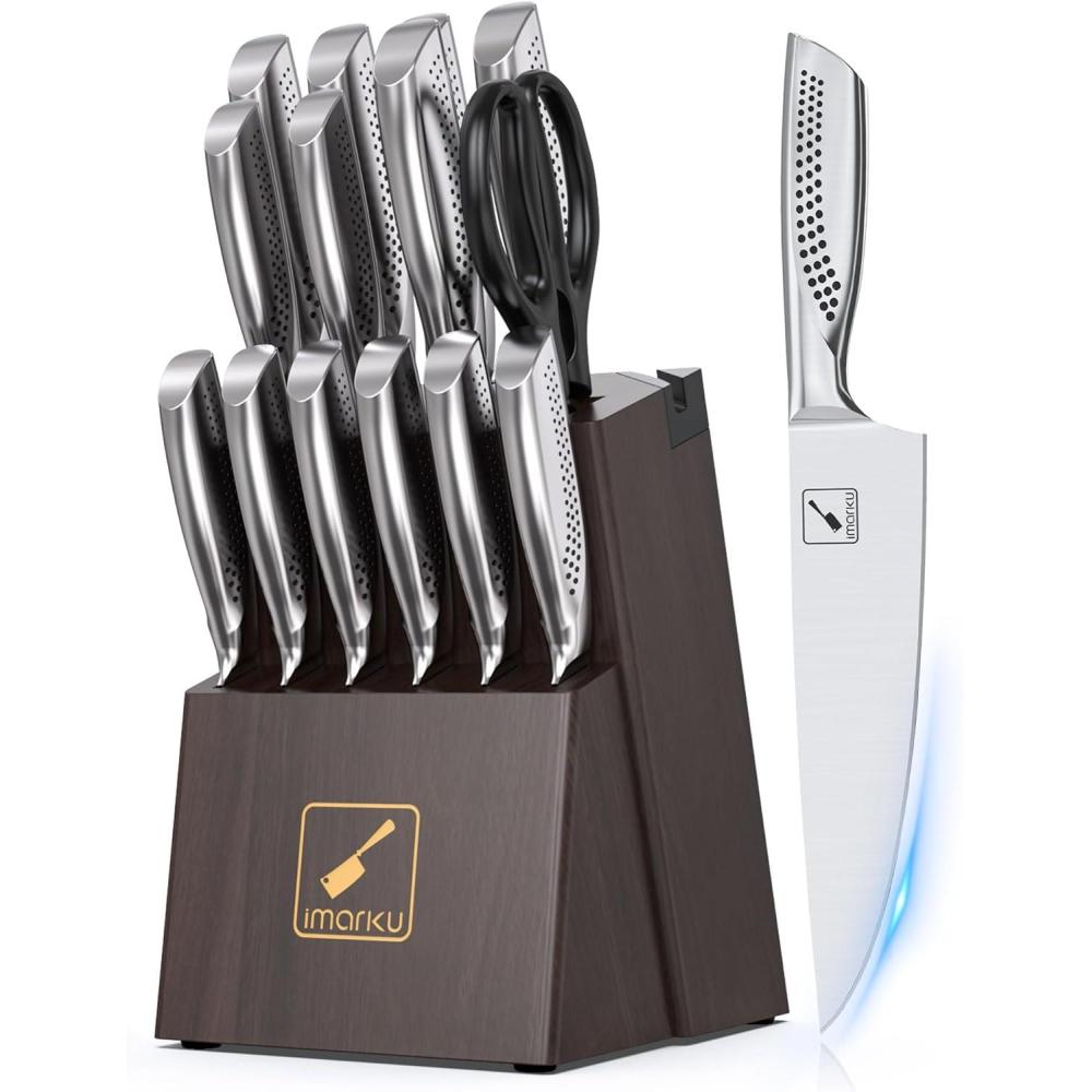 image:imageimarku Knife Set 15Pieces HC Stainless Steel Kitchen Knife Set With Built in Knife Sharpener RazorSharp Blade Knife Block Set With NonSlip Handle Dishwasher Safe Best Birthday Gifts