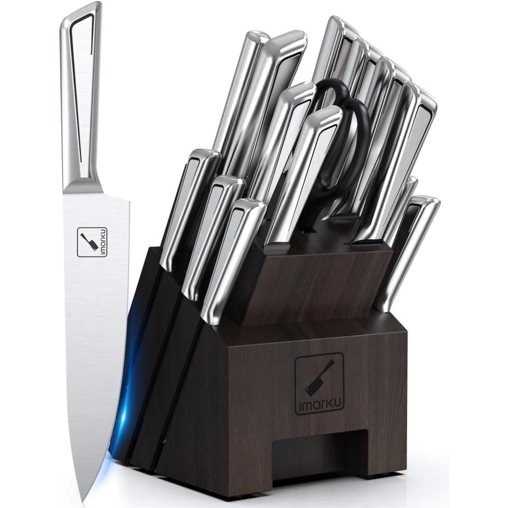 image:imageimarku Knife Set 16 PCS Kitchen Knife Set with Block High Carbon Steel Ultra Sharp Japanese Knives Set for Kitchen Ergonomic Handle Dishwaher Safe Home Kitchen Essentials Gifts for Men Women
