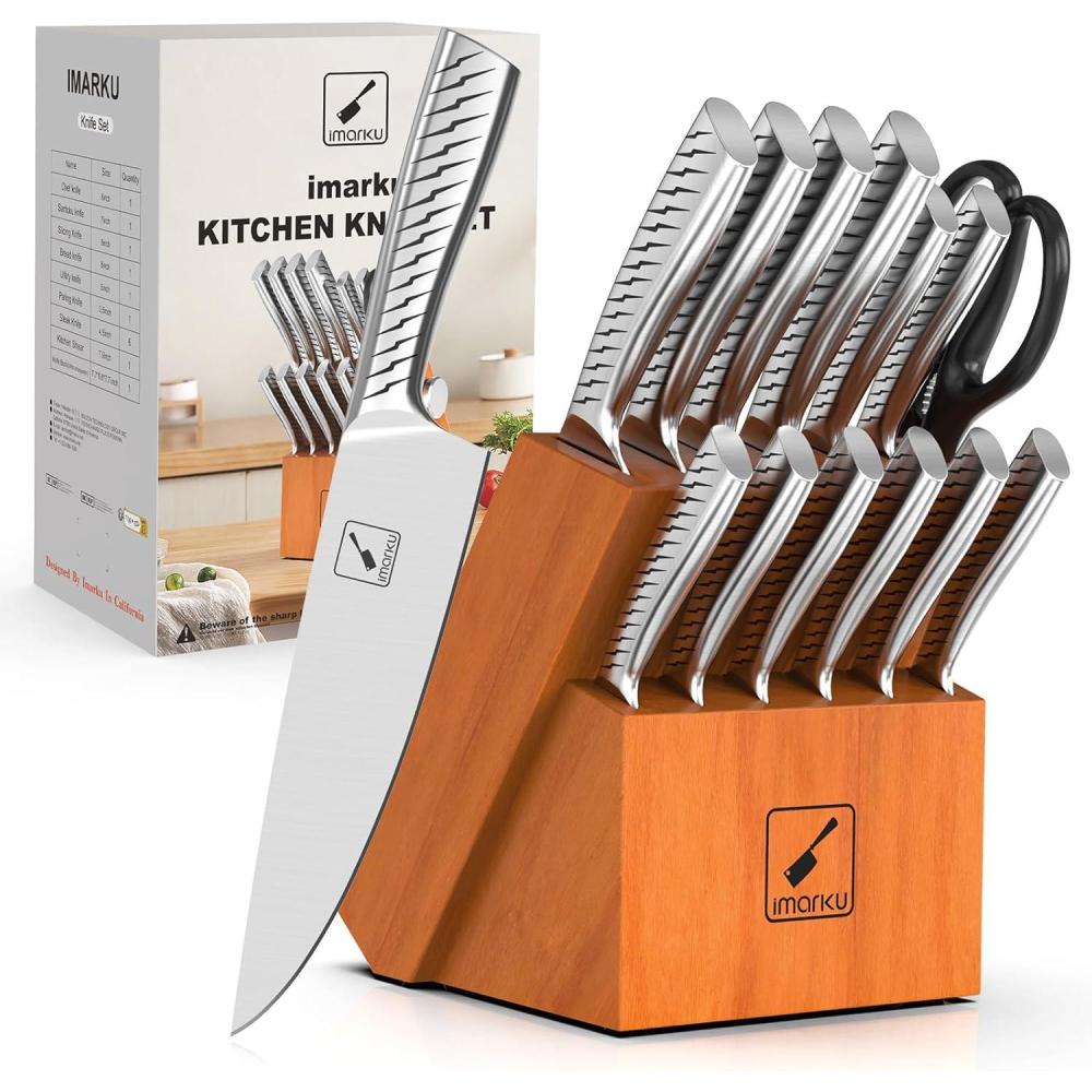 image:imageimarku Knife Set with Block Sharp Knife Set with Builtin Sharpener Japanese Stainless Steel Kitchen Knife Set with NonSlip Ergonomic Handle Dishwasher Safe Best Holiday Gifts 14 PCS PinkBrown