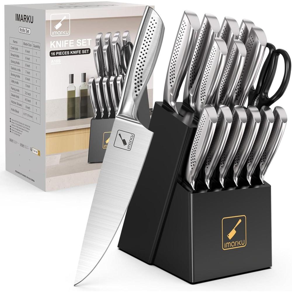 image:imageimarku Knife Set with Block Sharp Knife Set with Builtin Sharpener Japanese Stainless Steel Kitchen Knife Set with NonSlip Ergonomic Handle Dishwasher Safe Best Holiday Gifts 14 PCS PinkLight Black