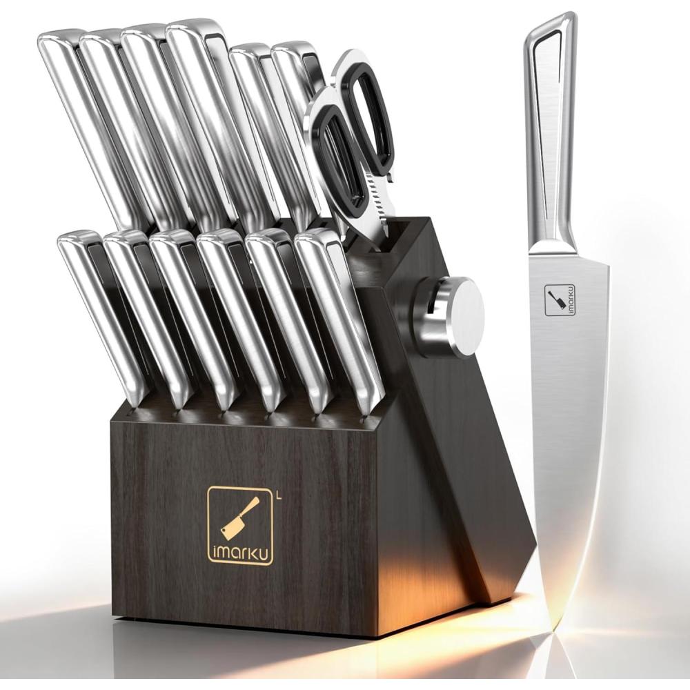 image:imageimarku Knife Set with Block Sharp Knife Set with Builtin Sharpener Japanese Stainless Steel Kitchen Knife Set with NonSlip Ergonomic Handle Dishwasher Safe Best Holiday Gifts 14 PCS PinkGray