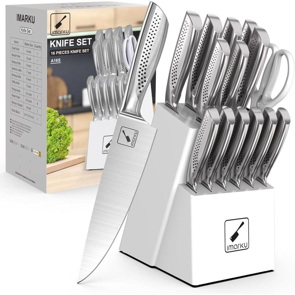 image:imageimarku Knife Set with Block Sharp Knife Set with Builtin Sharpener Japanese Stainless Steel Kitchen Knife Set with NonSlip Ergonomic Handle Dishwasher Safe Best Holiday Gifts 14 PCS PinkLight White