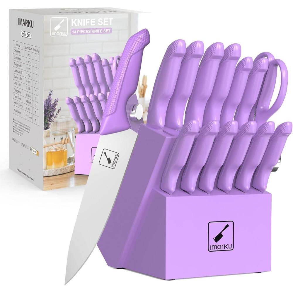 image:imageimarku Knife Set with Block Sharp Knife Set with Builtin Sharpener Japanese Stainless Steel Kitchen Knife Set with NonSlip Ergonomic Handle Dishwasher Safe Best Holiday Gifts 14 PCS PinkPurple