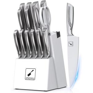 Knife Sets for Kitchen with Block imarku G14 Japanese Knife Set Stainless Steel Kitchen 14pcs, Built-in Sharpener, Sharp Knives with Non-slip Ergonomic Handle – Dishwasher Safe, Home Essential Gifts(Light White)