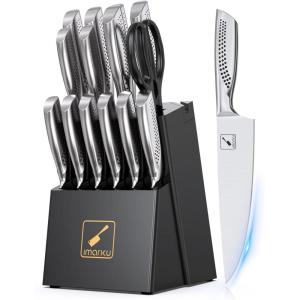 Knife Sets for Kitchen with Block imarku G14 Japanese Knife Set Stainless Steel Kitchen 14pcs, Built-in Sharpener, Sharp Knives with Non-slip Ergonomic Handle – Dishwasher Safe, Home Essential Gifts(Light Black)