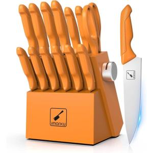 Knife Sets for Kitchen with Block imarku G14 Japanese Knife Set Stainless Steel Kitchen 14pcs, Built-in Sharpener, Sharp Knives with Non-slip Ergonomic Handle – Dishwasher Safe, Home Essential Gifts(Orange)