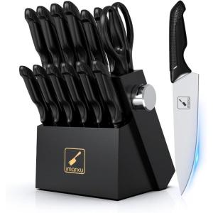 Knife Sets for Kitchen with Block imarku G14 Japanese Knife Set Stainless Steel Kitchen 14pcs, Built-in Sharpener, Sharp Knives with Non-slip Ergonomic Handle – Dishwasher Safe, Home Essential Gifts(Black)
