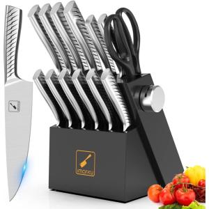 Knife Sets for Kitchen with Block imarku G14 Japanese Knife Set Stainless Steel Kitchen 14pcs, Built-in Sharpener, Sharp Knives with Non-slip Ergonomic Handle – Dishwasher Safe, Home Essential Gifts(Silver Black)