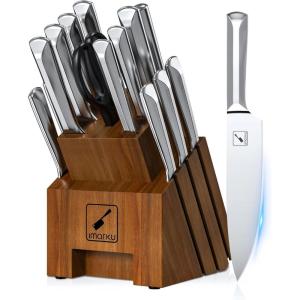 Knife Sets for Kitchen with Block imarku G14 Japanese Knife Set Stainless Steel Kitchen 14pcs, Built-in Sharpener, Sharp Knives with Non-slip Ergonomic Handle – Dishwasher Safe, Home Essential Gifts(Brown-Sliver)