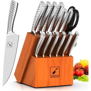 Knife Sets for Kitchen with Block imarku G14 Japanese Knife Set Stainless Steel Kitchen 14pcs, Built-in Sharpener, Sharp Knives with Non-slip Ergonomic Handle – Dishwasher Safe, Home Essential Gifts(Silver/Brown)