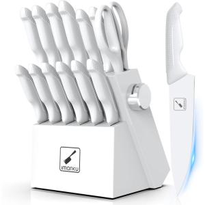 imarku® 14-Piece Kitchen Knife Set with Block and Sharpener, Professional Stainless Steel with Non-Slip Ergonomic Handle, Dishwasher Safe, Home Essential, Gray-White