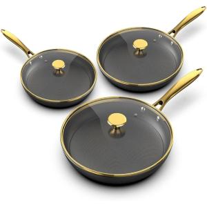 imarku 3 Pcs Non Stick Frying Pans Set, 8+10+12 Inch Nonstick Cast Iron Skillets with Stay Cool Metal Handle, Dishwasher & Oven Safe, Induction Compatible Cooking Pan(3Pcs Frying Pans with Lids)