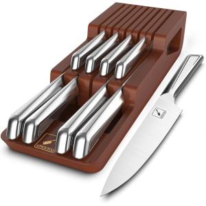 imarku Kitchen Knife Set, 14 Piece Premium Knife Block Set, Dishwasher Safe Knives Set for Kitchen, Razor Sharp Japanese Knife Set with Built-in Sharpener, Ergonomic Handle, Brown(Cherry Red)