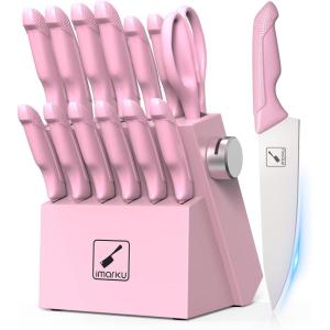 imarku Knife Set with Block, Sharp Knife Set with Built-in Sharpener, Japanese Stainless Steel Kitchen Knife Set with Non-Slip Ergonomic Handle, Dishwasher Safe, Best Holiday Gifts, 14 PCS, Pink(Pink)