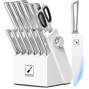 imarku Knife Set with Block, Sharp Knife Set with Built-in Sharpener, Japanese Stainless Steel Kitchen Knife Set with Non-Slip Ergonomic Handle, Dishwasher Safe, Best Holiday Gifts, 14 PCS, Pink(White)