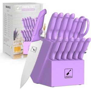 imarku Knife Set with Block, Sharp Knife Set with Built-in Sharpener, Japanese Stainless Steel Kitchen Knife Set with Non-Slip Ergonomic Handle, Dishwasher Safe, Best Holiday Gifts, 14 PCS, Pink(Purple)