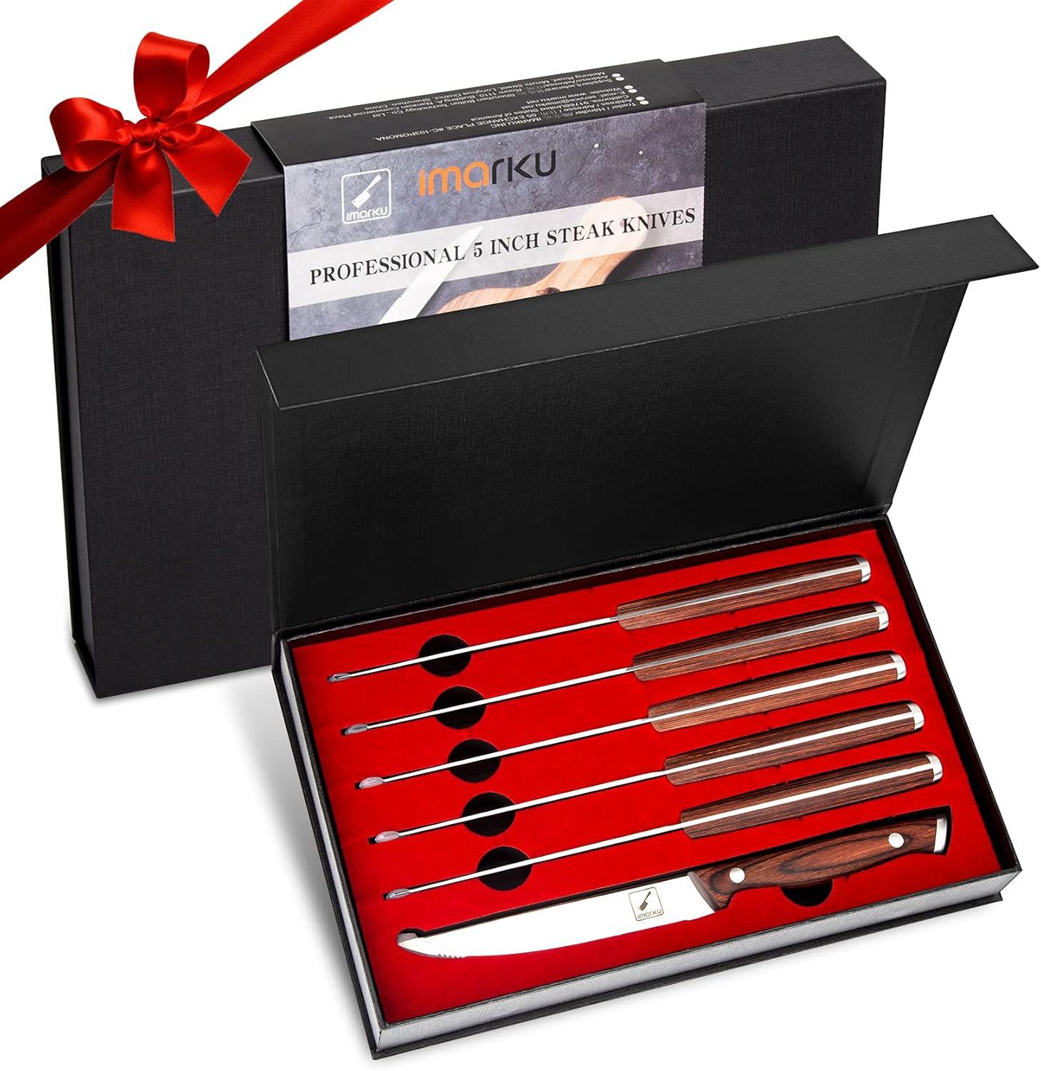 image:imageimarku Steak Knives Set of 6 Japanese HC Steel Premium Serrated Steak Knife Set with Ergonomic Handle and Gift Box Home Essential Best Chrismas Gifts for Women and MenReddish