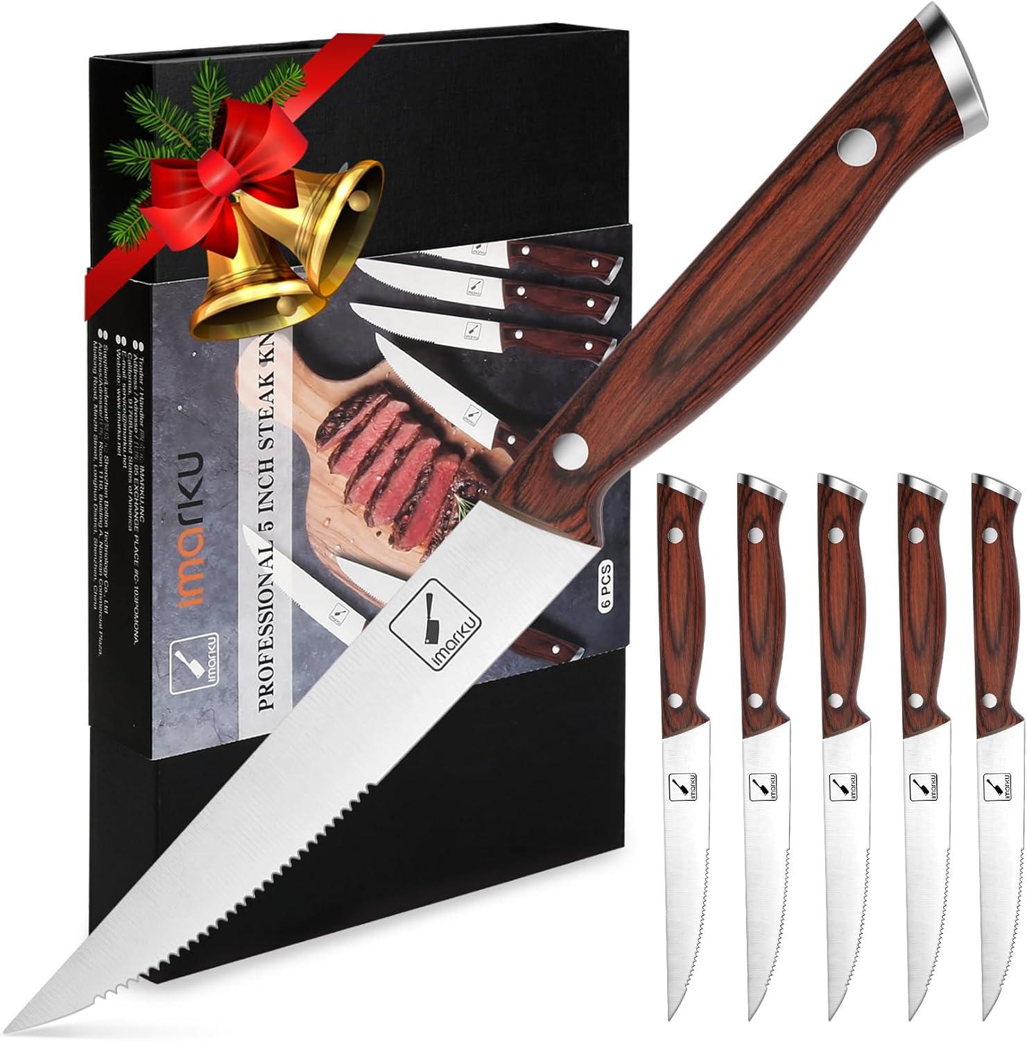 image:imageimarku Steak Knives Set of 6 Japanese HC Steel Premium Serrated Steak Knife Set with Ergonomic Handle and Gift Box Home Essential Best Chrismas Gifts for Women and MenReddish