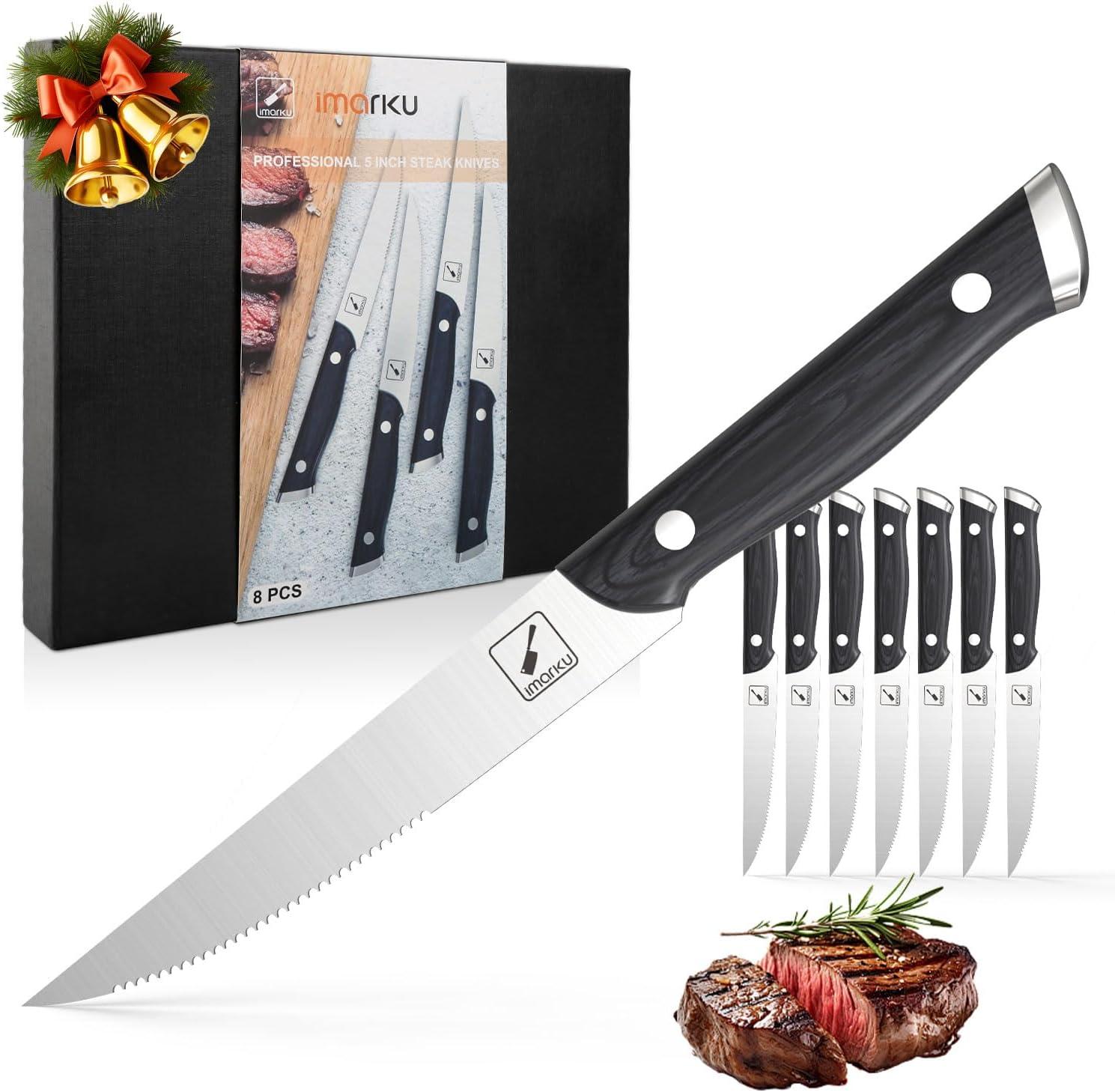 image:imageimarku Steak Knives Steak Knives Set of 8 Serrated Steak Knife Set with Pakkawood Ergonomic Handle Japanese HC Steel Steak Knife and Gift Box Best Gift for ChristmasampThanksgivingGray Silver