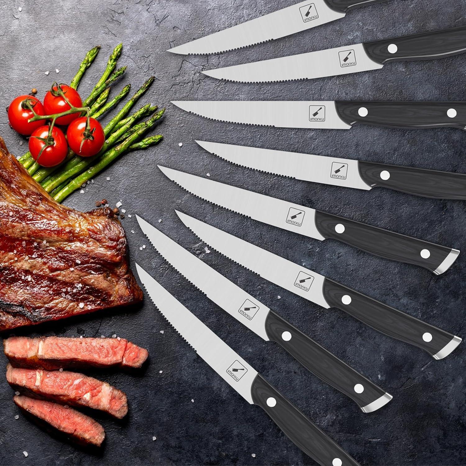image:imageimarku Steak Knives Steak Knives Set of 8 Serrated Steak Knife Set with Pakkawood Ergonomic Handle Japanese HC Steel Steak Knife and Gift Box Best Gift for ChristmasampThanksgivingGray Silver
