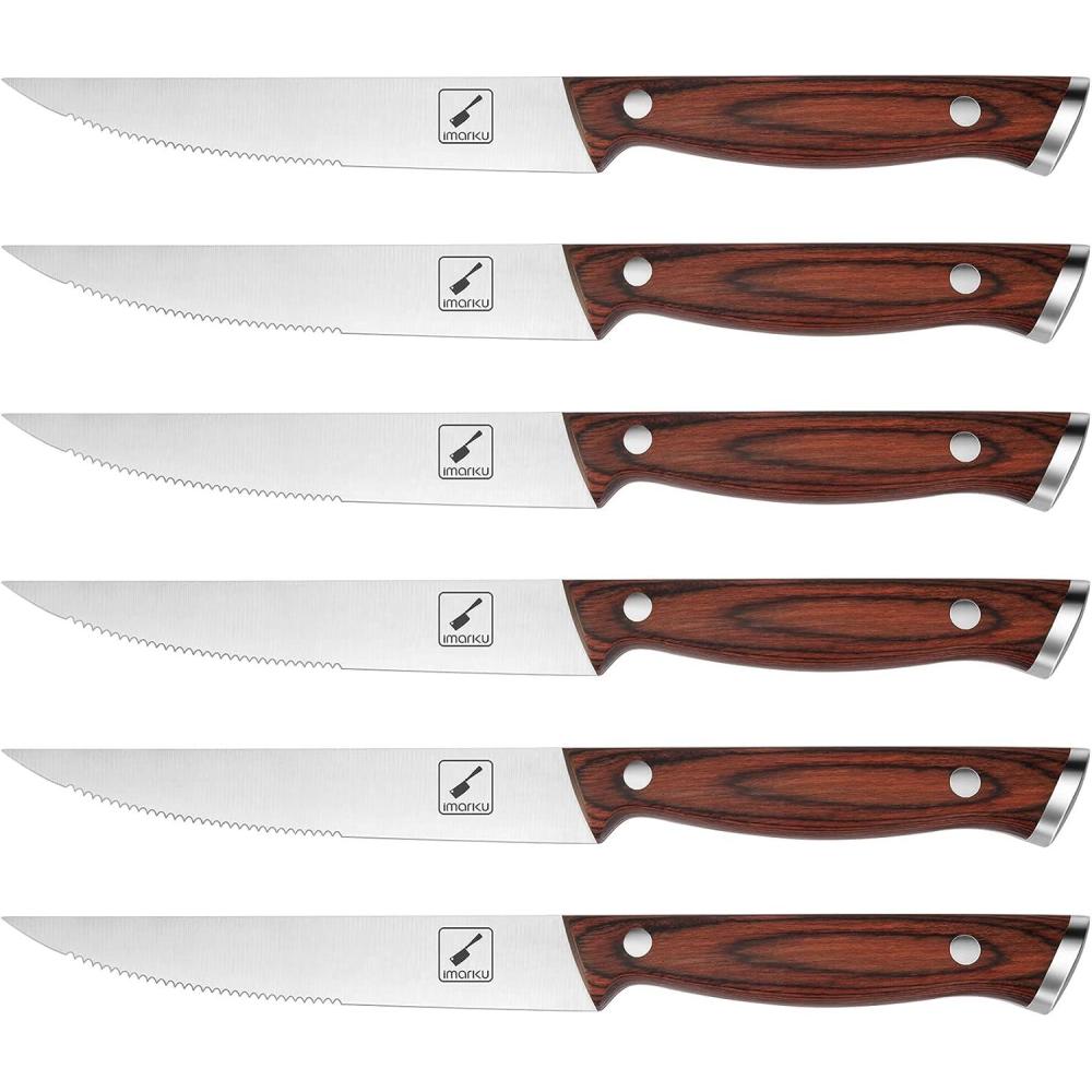 image:imageimarku Steak Knives Set of 6 Japanese HC Steel Premium Serrated Steak Knife Set with Ergonomic Handle and Gift Box Home Essential Best Chrismas Gifts for Women and MenReddish