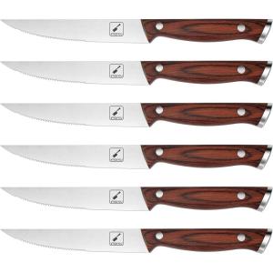 imarku Steak Knives Set of 6, Japanese HC Steel Premium Serrated Steak Knife Set with Ergonomic Handle and Gift Box, Home Essential, Best Chrismas Gifts for Women and Men(Reddish)