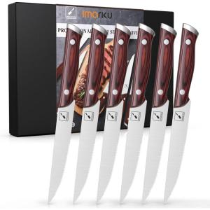 imarku Steak Knives, Steak Knives Set of 8, Serrated Steak Knife Set with Pakkawood Ergonomic Handle, Japanese HC Steel Steak Knife and Gift Box, Best Gift for Christmas&Thanksgiving(Brown)