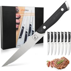 imarku Steak Knives, Steak Knives Set of 8, Serrated Steak Knife Set with Pakkawood Ergonomic Handle, Japanese HC Steel Steak Knife and Gift Box, Best Gift for Christmas&Thanksgiving(Gray Silver)