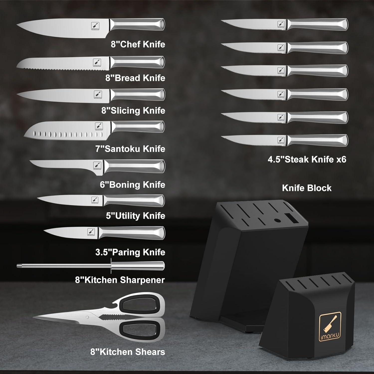 image:imageKnife Block Set imarku 16 Pcs Kitchen Knife Set with Sharpening Rod High Carbon Stainless Steel Knives Set for Kitchen with Ergonomic NonSlip Handle Dishwasher Safe