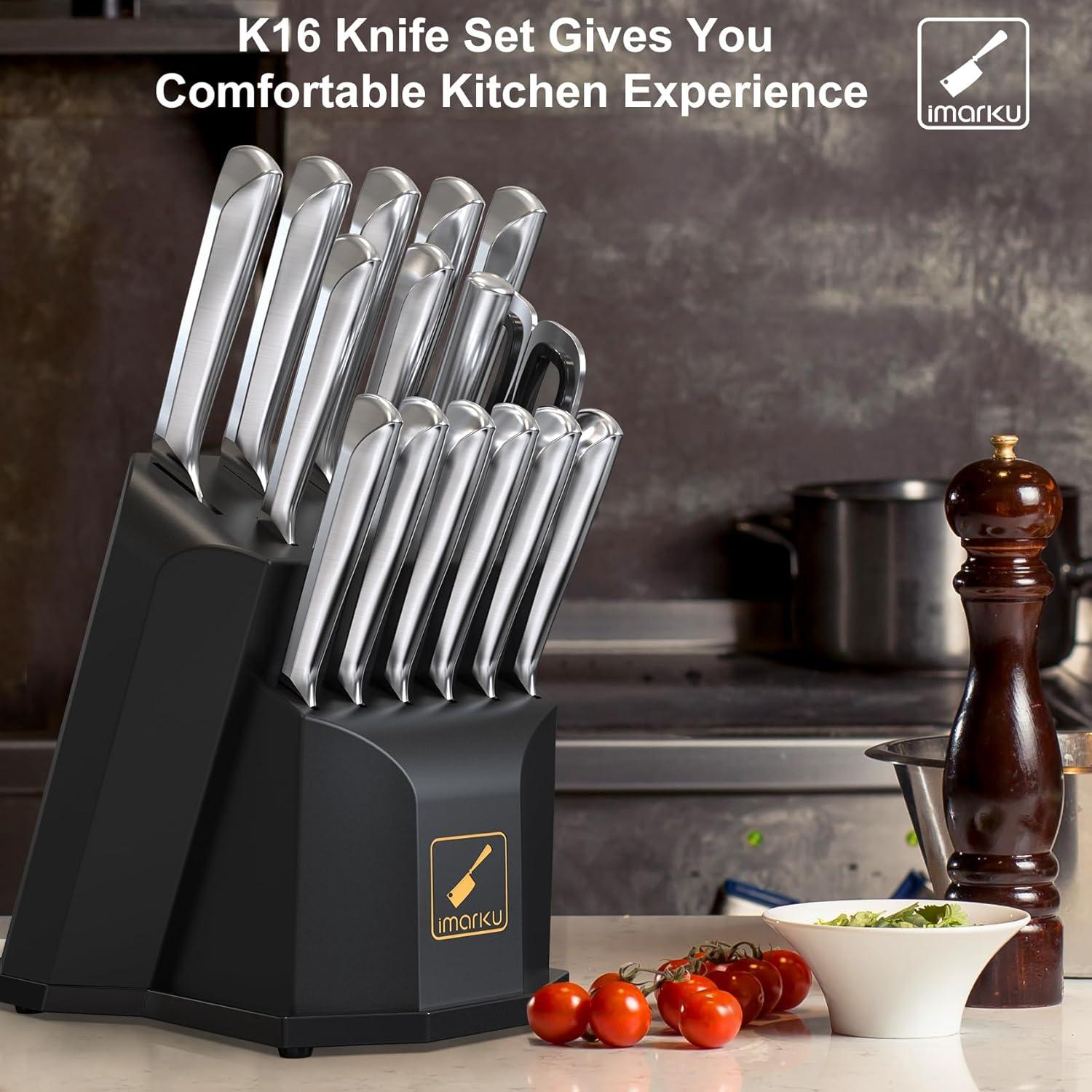 image:imageKnife Block Set imarku 16 Pcs Kitchen Knife Set with Sharpening Rod High Carbon Stainless Steel Knives Set for Kitchen with Ergonomic NonSlip Handle Dishwasher Safe