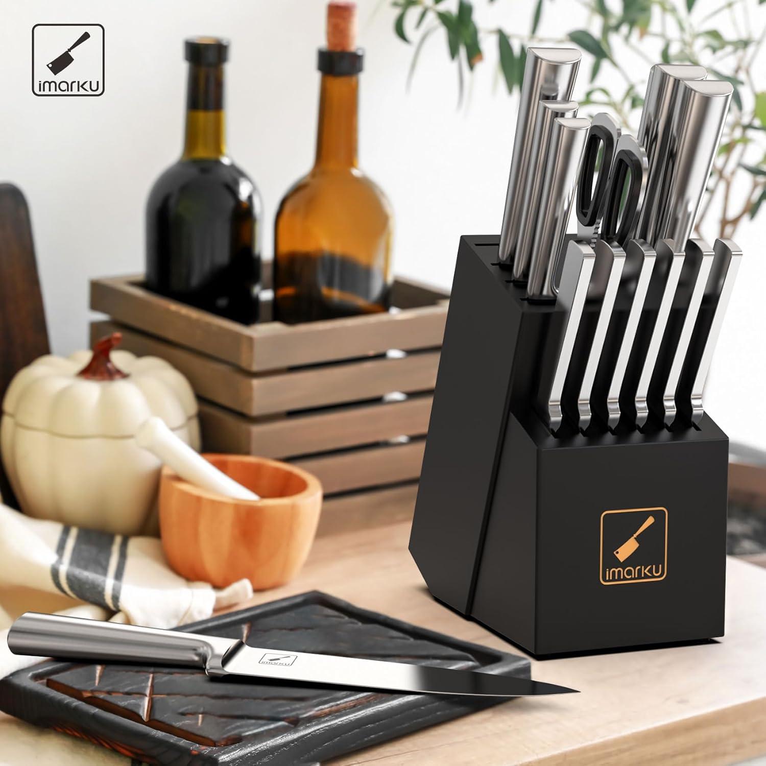 image:imageimarku Knife Set 15PCS Kitchen Knife Set Japanese High Carbon Stainless Steel Knives Set for Kitchen Dishwasher Safe Ultra Sharp Professional Chef Well Balance Knife Block Set Black15 PCS Black Knife Set