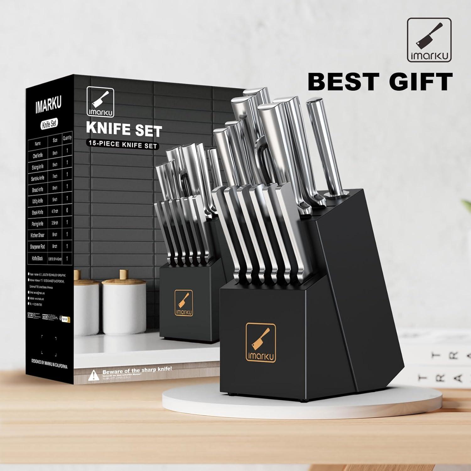 image:imageimarku Knife Set 15PCS Kitchen Knife Set Japanese High Carbon Stainless Steel Knives Set for Kitchen Dishwasher Safe Ultra Sharp Professional Chef Well Balance Knife Block Set Black15 PCS Black Knife Set