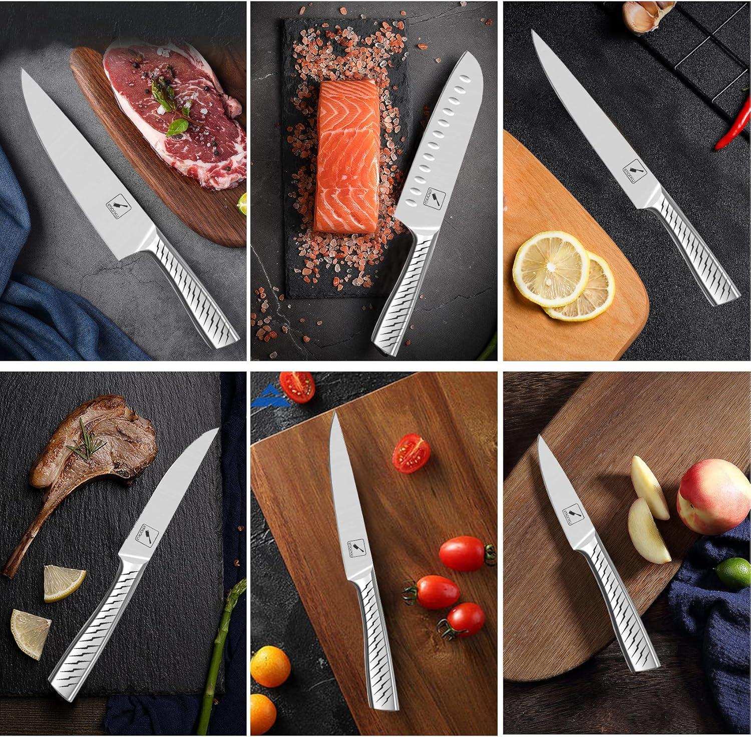 image:imageimarku Knife Set 14PCS Knife Sets for kitchen with block OnePiece Kitchen Knife Sets with Builtin Sharpener Stainless Steel Chef Knife Set with Lightning Stripes Handle Dishwasher SafeWoodBrownSilver