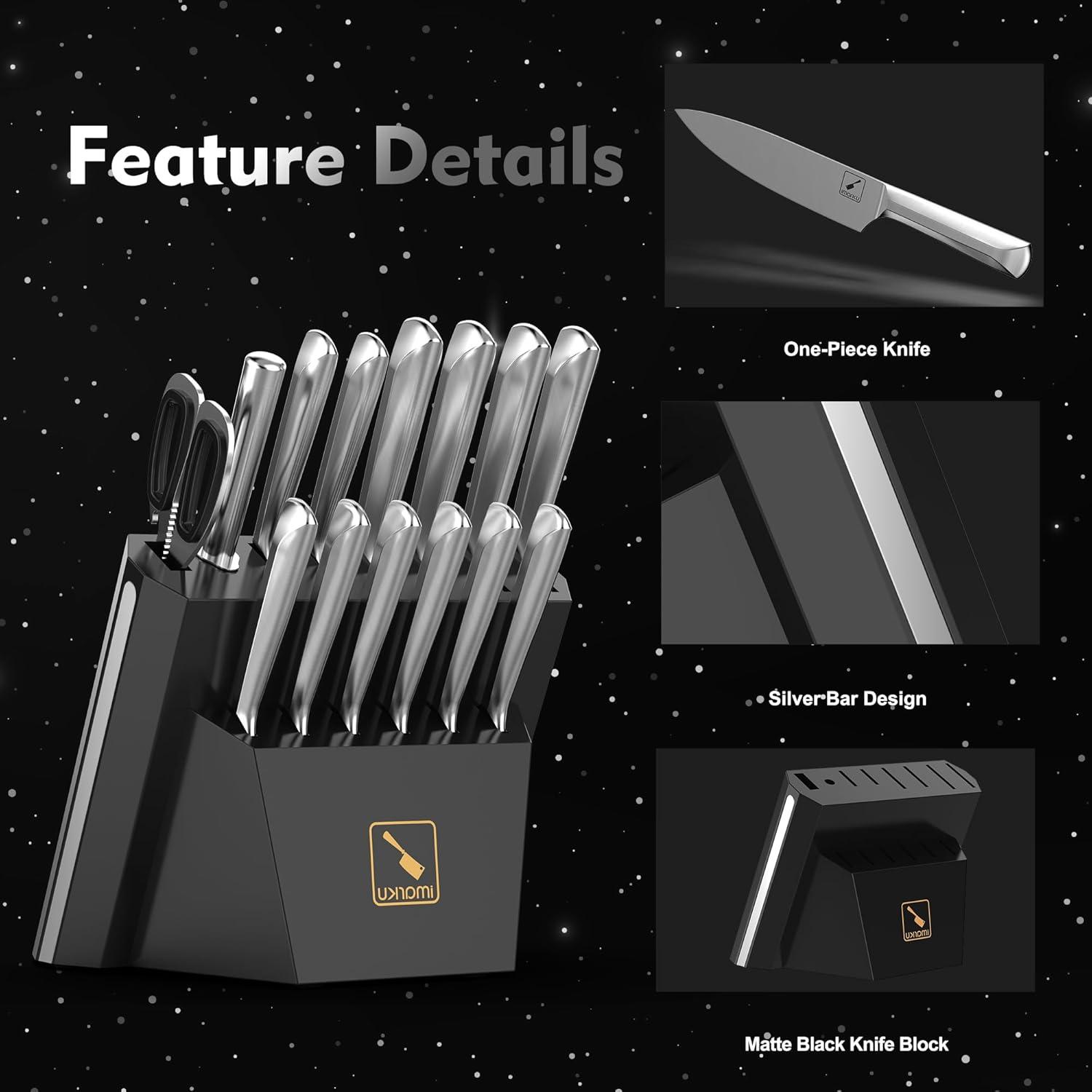 image:imageimarku Knife Set 14PCS Knife Sets for kitchen with block OnePiece Kitchen Knife Sets with Builtin Sharpener Stainless Steel Chef Knife Set with Lightning Stripes Handle Dishwasher SafeWoodDark Black